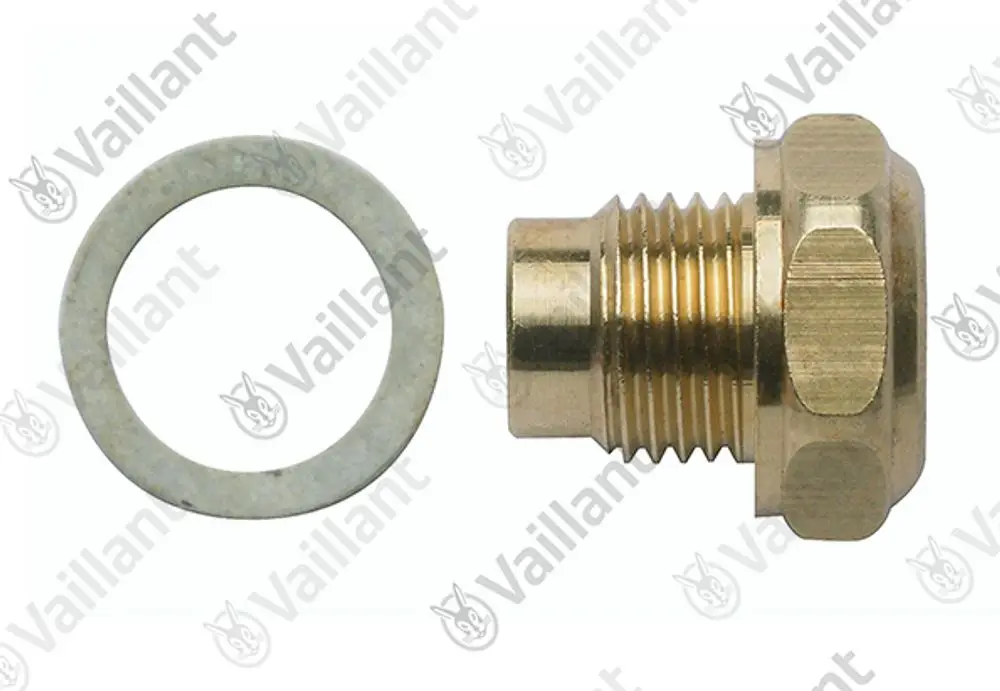 Vaillant Stopfbuchse aus Messing mit Anschlussgewinde und Dichtscheibe, geeignet für Gasarmaturen. Dichtscheibe rund und flach.
